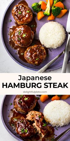 japanese hamburger steak on a plate with broccoli, carrots and white rice