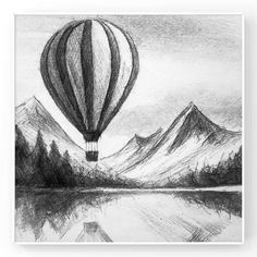 Hot Air Balloons Drawing, Drawing Ideas Scenery Easy, Hot Balloon Drawing, Hot Air Balloon Drawing Sketch, Drawing Ideas Detailed, Sky Drawing Pencil, Pencil Shading For Kids, Hot Air Balloon Sketch, Nature Sketches Pencil