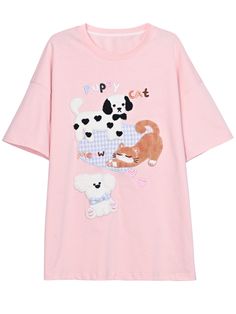 Embrace your love for adorable animals with this charming round-neck T-shirt featuring cute puppies and kittens. The loose fit provides a comfortable and relaxed look, perfect for casual outings and lounging.   Please note that this product includes only one T-shirt. Garment Size SizeSMLFull Length656769Bust108112116Shoulders586062Sleeve Length16.51717.5Hem Circumference118122126Cuff4142.243.4 Trendy Crew Neck T-shirt With Dog Print, Playful Cotton T-shirt With Cat Design, Playful Cotton Cat Print T-shirt, Playful Cat Design Crew Neck T-shirt, Cute Short Sleeve T-shirt With Cat Print, Playful Cotton T-shirt With Cat Print, Playful Crew Neck T-shirt With Cat Design, Cute Dog Print Cotton Top, Cute Cotton Tops With Dog Print