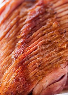 sliced ham sitting on top of a white plate