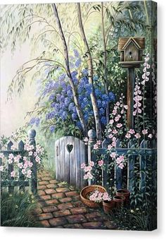 a painting of flowers and a birdhouse on the side of a brick path in front of a fence