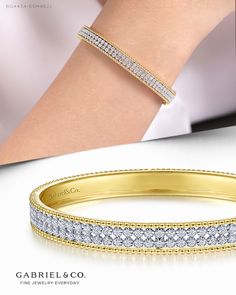 14K WhiteYellow Gold Diamond Bangle BG4434-65M45JJ #BujukanBabe#GabrielAndCo #GabrielNY#Jewelry#FineJewelry #Jewelry #Design#HandcraftedJewelry #Elegance#Diamonds #Bujukan #Gold #RoseGold#WhiteGold #Bangle#Fashion Bangle #Diamond Bangle #YellowGold Bangle   #Bangles #Bracelets Luxury White Diamond Cut Bangle, Elegant Yellow Bangle Bracelets, Elegant Yellow Bangle Bracelet, Elegant Yellow Bangle For Anniversary, Bangle Diamond, Wedding Bangles, Hand Jewellery, Diamond Bangles, White Gold Bangle