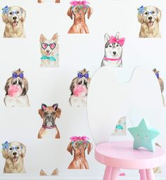 a wall with dogs wearing sunglasses and bows on it's head, next to a pink table