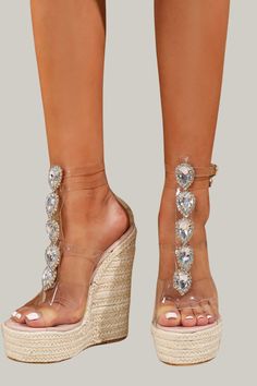 Indulge in the ultimate luxury with these Women's High Heel Sandals adorned with sparkling rhinestone chains. Featuring a jute sole and transparent heel, these sandals exude a bold and fashionable vibe. Perfect for any vacation, these sandals have an open toe design, a simple yet elegant pattern, and an ankle strap for added support. The wedge heels measure an ultra high 15cm/5.9 inches, while the upper and lining materials are made of premium PVC. Step out in style and comfort with these exclus Vacation Sandals, Bandage Jumpsuits, Transparent Heels, Elegant Pattern, Clear Heels, Plus Size Shopping, Toe Designs, Shop Swimwear, Heel Sandals