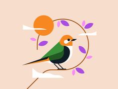 a bird sitting on top of a tree branch next to an orange and pink background