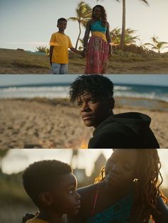 two people and one child are standing on the beach with palm trees in the background