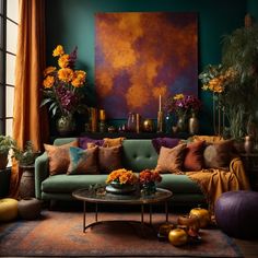 a living room filled with lots of furniture and flowers on top of a coffee table