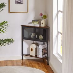 a living room with white walls and wooden flooring next to a potted plant