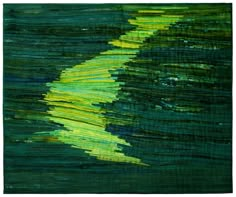 an abstract painting with green and yellow stripes on the bottom, in dark blue water