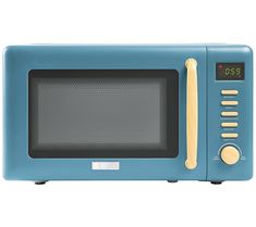 a blue microwave oven sitting on top of a white counter