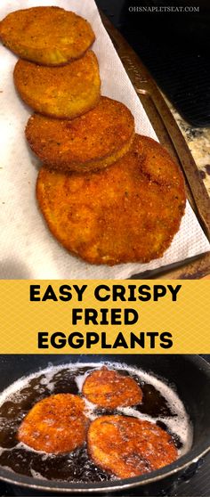 fried eggplants in a frying pan with the words easy crispy fried eggsplant