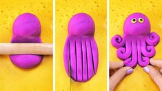 three pictures of an octopus made out of purple clay and then cut into smaller pieces