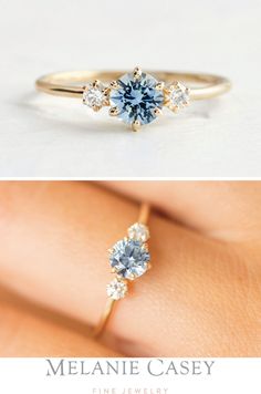 two different views of an engagement ring, one with a blue topaz and the other with