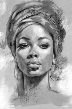 a black and white drawing of a woman's face with large hoop earrings on her head