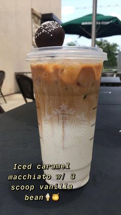 iced caramel macchiaia w / 3 scoop vanilla bean in a plastic cup