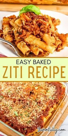 an easy baked ziti recipe on a plate