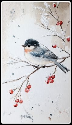 a painting of a bird on a branch with berries