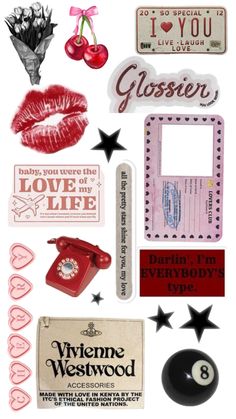 various stickers and magnets on a white background with stars, lips, lipstick, phone