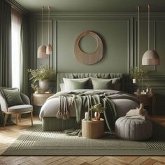 a bedroom with green walls and wooden flooring, two round lamps above the bed