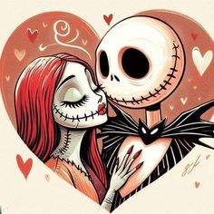 a drawing of a skeleton hugging a woman with her eyes closed and heart in the background