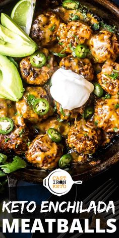 keto enchilada meatballs in a skillet with sour cream on top