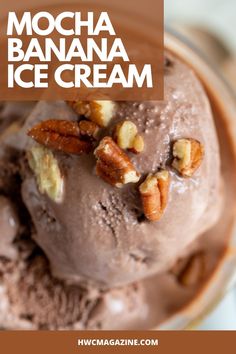 mocha banana ice cream in a bowl with pecans and walnuts on top