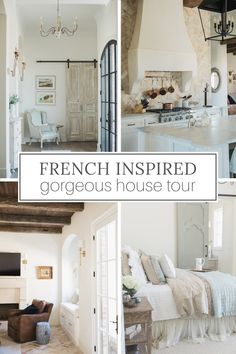 french inspired gorgeous house tour in white and neutrals with pictures of the kitchen, living room, dining room