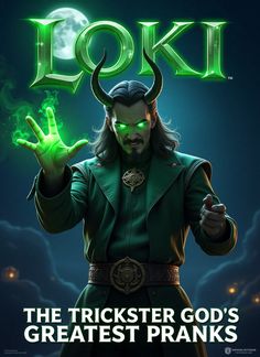 loki the trickster god's greatest pranks poster with green eyes and horns