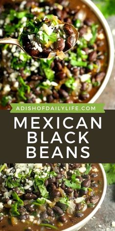 mexican black beans in a white bowl with cilantro and parsley