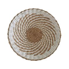 a white and brown woven basket on a white background with an oval design in the center