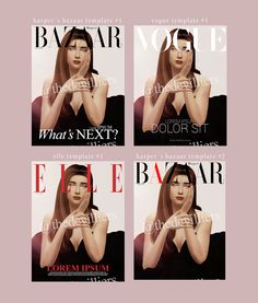 four magazine covers with an image of a woman's face and hands on her chest