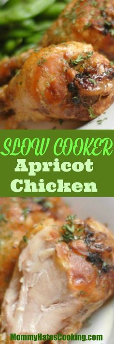 two pictures of chicken and asparagus with the words slow cooker apricot chicken