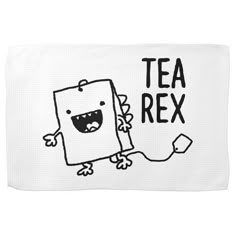 a white towel with a black and white drawing of a tea bag on it's side