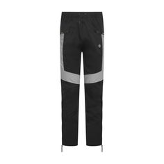 the black and grey pant is shown with zippers on the side, which are also