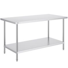 a stainless steel work table with two shelves on each side and one shelf underneath it