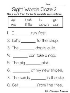 sight words cloze 2 worksheet with pictures on the front and back