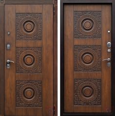 two wooden doors with decorative designs on the front and back sides, one in dark wood