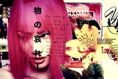 a woman with pink hair and flowers in front of her face, surrounded by other collages