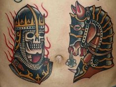 two tattoos on the side of a man's stomach, one with a skull and another with a helmet