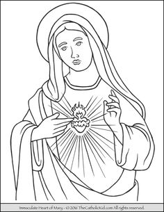 the virgin mary holding a heart in her hands, outlined on a white paper background