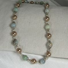 Amazonite and Pearl Beaded Beaded Necklace Cheap Vintage Beaded Necklaces With Polished Beads, Elegant Round Amazonite Necklace, Elegant Amazonite Bead Necklaces, Spiritual Single Strand Amazonite Jewelry, Elegant Amazonite Beaded Necklace, Elegant Round Bead Amazonite Jewelry, Elegant Amazonite Round Beads Jewelry, Elegant Round Beaded Amazonite Jewelry, Adjustable Single Strand Amazonite Beaded Necklace