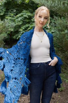 Crocheted Sunshine Shawl Blue Finished Crocheted Shawl To Buy, Crocheted Sun, Large Tassels, Intricate Crochet, Sun Design, Crochet Shawls And Wraps, Blue Crochet, Sun Designs, Crochet Shawl