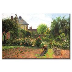 a painting of a garden with flowers and trees