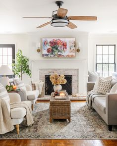 a living room filled with furniture and a fire place in front of a painting on the wall