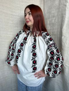 Amazing vintage Romanian blouse! Heavy embroidered one Saturated colours  Has a great contrast with bleache fabric   Handimade embroidery    Great  vintage condition  Will suit to and S-L size Traditional Blouse With Embroidered Sleeves, Traditional Long Sleeve Shirt With Intricate Embroidery, Long Sleeve Embroidered Folk Shirt, Embroidered Long Sleeve Folk Shirt, Traditional Long Sleeve Shirt With Floral Embroidery, Traditional Cotton Shirt With Intricate Embroidery, White Embroidered Long Sleeve Top, Traditional White Embroidered Shirt, Traditional Long Sleeve Top With Floral Embroidery