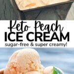 an ice cream scooper with two scoops in it and the words keto - peach ice cream on top