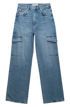 Cargo-style pockets bring a utility-inspired twist to high-waist jeans cut from sturdy nonstretch denim in a lightly faded wash. 30" inseam; 21 1/2" leg opening; 11 1/2" front rise; 14 1/2" back rise (size Medium) Five-pocket style; cargo flap-patch pockets 100% cotton Machine wash, dry flat Made in Turkey High Rise Washed Blue Cargo Jeans With Pockets, Medium Wash Cargo Jeans With Side Pockets, Mid-rise Washed Blue Cargo Jeans With Pockets, Urban High-rise Cargo Jeans With Hip Pockets, Washed Blue Mid-rise Cargo Jeans, Urban High Waist Jeans With Patch Pockets, Urban Style High Waist Jeans With Patch Pockets, Urban High-waist Jeans With Patch Pockets, Medium Wash Rigid Denim Cargo Jeans