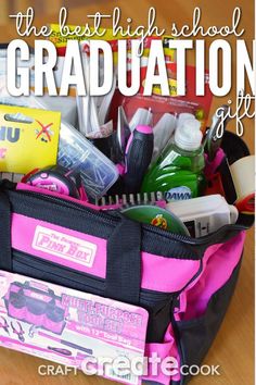 the best high school graduation gift for girls is this pink and black bag full of personal care items