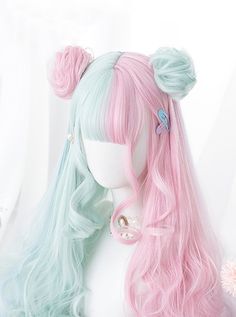 Strawberry Mint Ice Cream Collection Multicolor Mixed Cute Long Curly Hair Classic Lolita Wig Pretty Wigs, Harajuku Pink, Hair References, Kawaii Wigs, Halloween Fest, Anime Wigs, Cosplay Hair, Kawaii Hairstyles, Curly Hair Wig