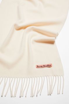 Fringed scarf is crafted from midweight wool with a soft hand-feel, detailed with a pink Acne Studios label. FN-UX-SCAR000218 Suit Jacket Dress, Oversized Scarf, Fringe Scarf, Shearling Jacket, Wool Scarf, Custom Embroidery, Clothes Collection, Blouse Dress, Scarf Shawl